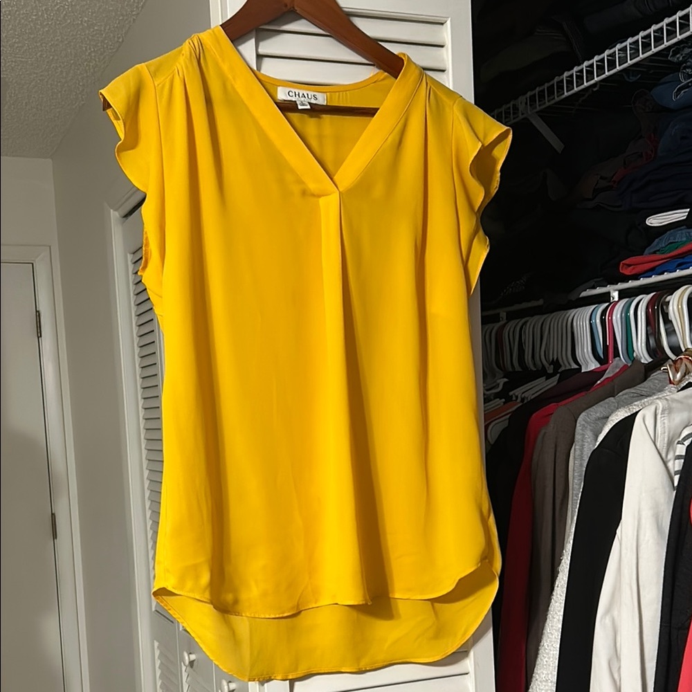 Chaus Yellow Asymmetrical Flutter Sleeve Blouse